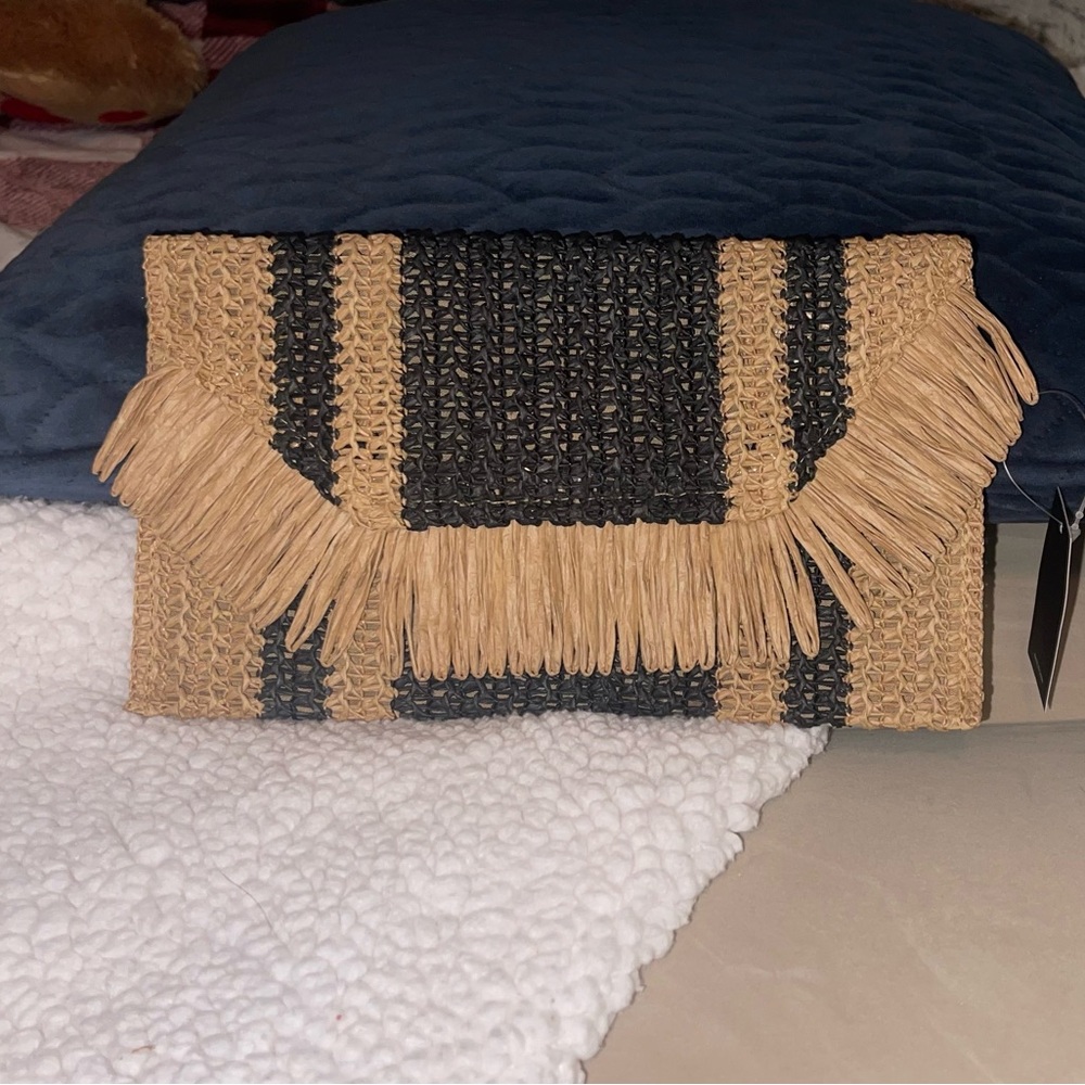 Elegant Tan and Black Woven Clutch